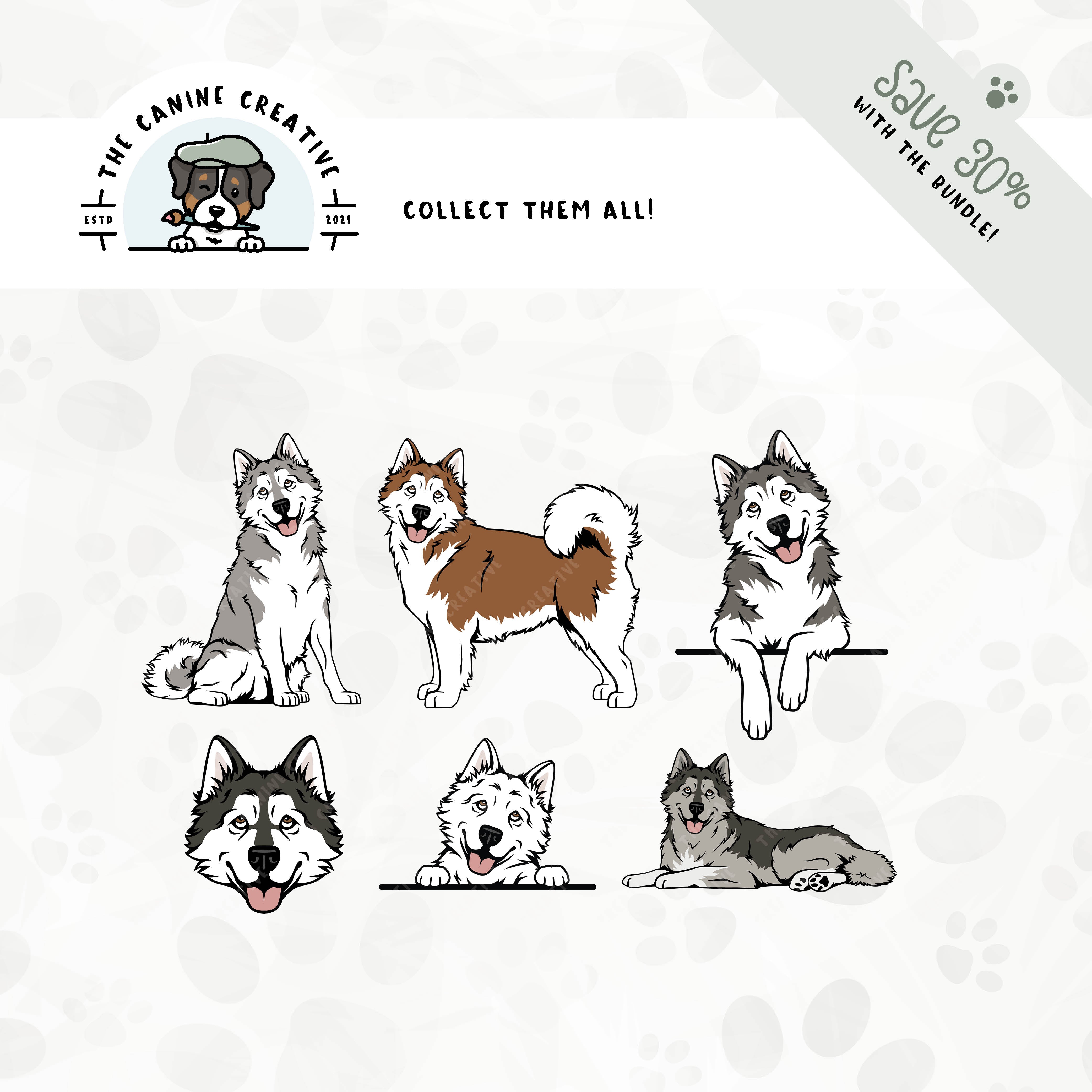 Save 30% with our related 6-pack Alaskan Malamute design bundles!